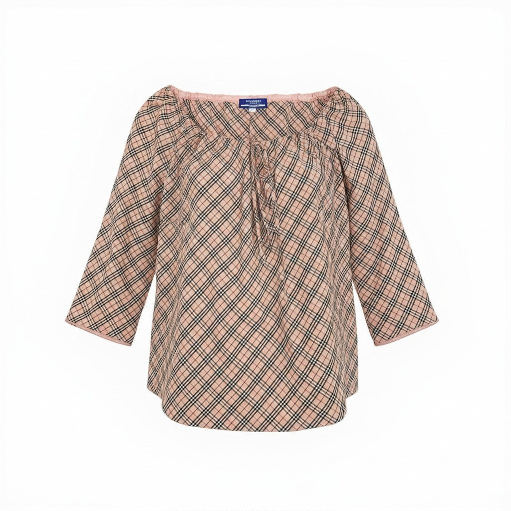 Ic27 BURBERRY LONDON バーバリーロンドン ノバチェック ギャザースクエアネックブラウス ブラウスカットソー トップス 38サイズ ベージュ コットン100％ レディース 女性用u02t