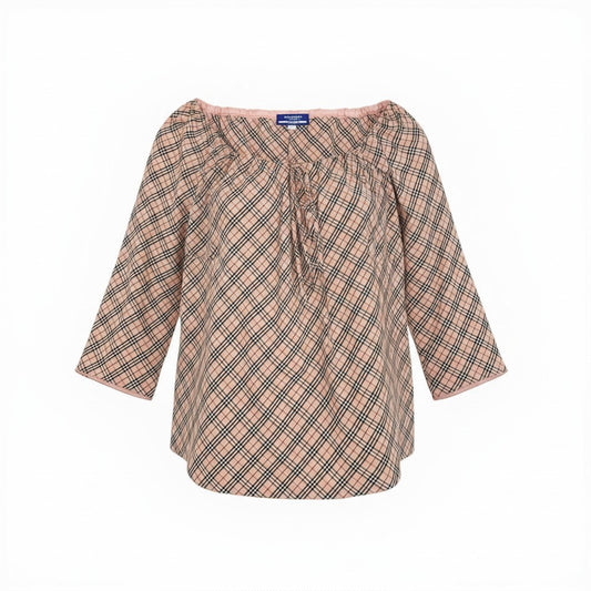 Ic27 BURBERRY LONDON バーバリーロンドン ノバチェック ギャザースクエアネックブラウス ブラウスカットソー トップス 38サイズ ベージュ コットン100％ レディース 女性用u02t