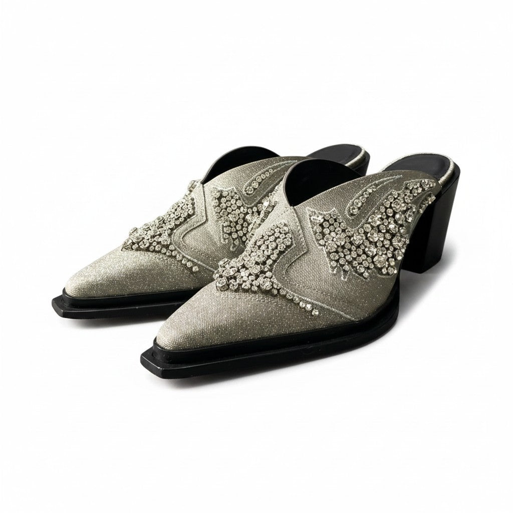 1g7 JIMMY CHOO ジミーチュウ 24ss Cece 60mm グリッターミュール ミドルヒール 36 1/2 シルバー レディースu02t