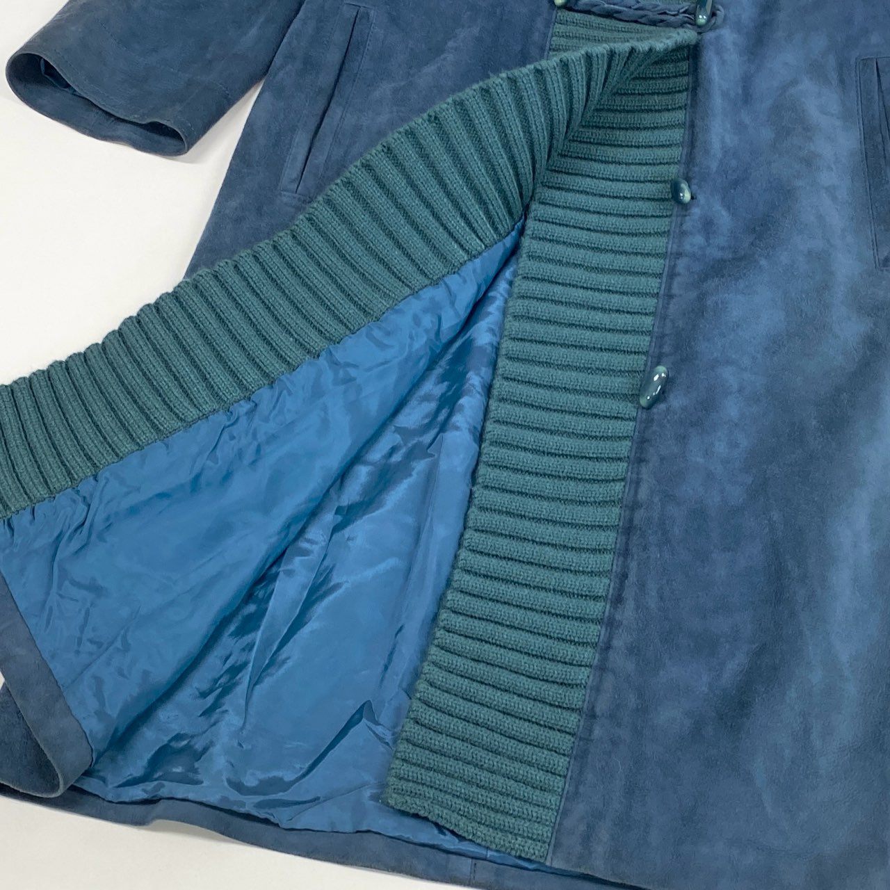 60L16 Vintage YVES SAINT LAURENT イヴサンローラン ヴィンテージ レザーコート ベルテッドコート ロング丈 ニット切替 L ブルー系 表記タグ欠損 レディースu02t