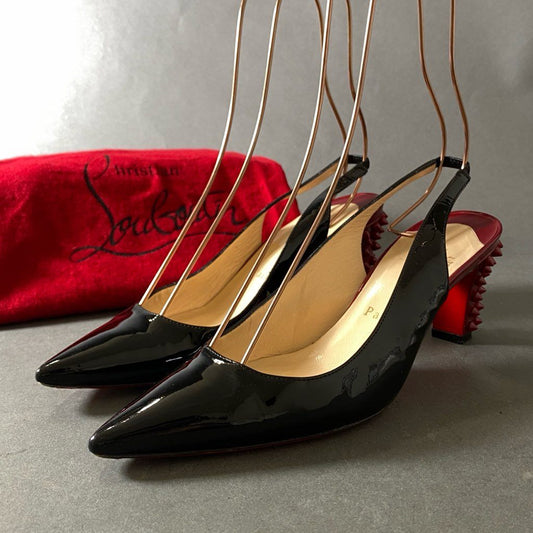 3h2 Christian Louboutin クリスチャンルブタン LEMERPONT 70 エナメル ミュールパンプス 37 ブラック パテントレザー サンダル シューズ イタリア製