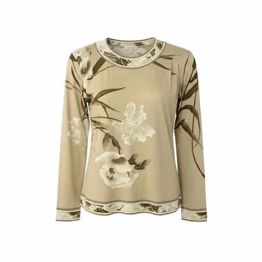 76d9 LEONARD FASHION レオナール ロングスリーブカットソー 美しい花柄プリント  サイズL ベージュ系 ウールシルク混 レディース 女性用o07t