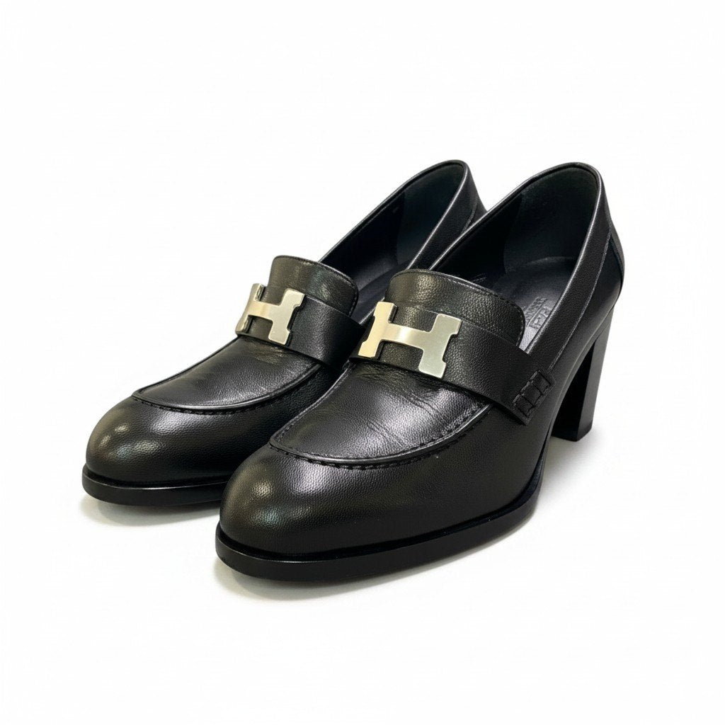 i8 【極美品】 Hermès エルメス モカシン ドーフィン ヒールローファー H金具 サイズ38 ブラック レザー レディースk02i