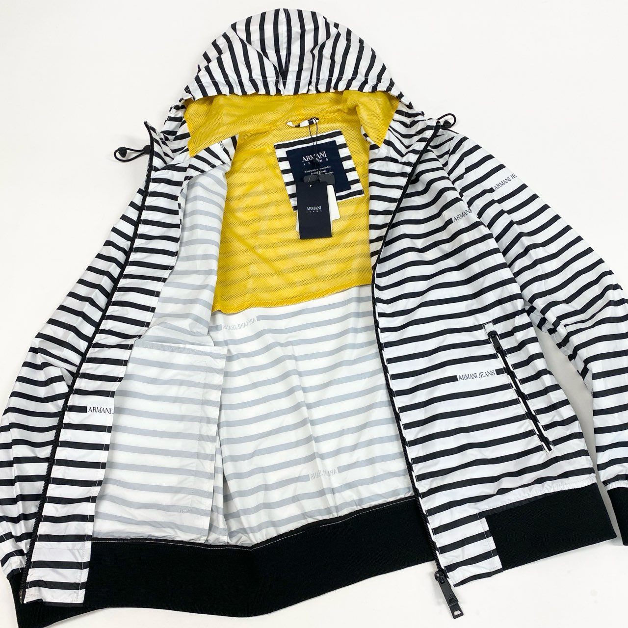 8L5【美品】ARMANI JEANS アルマーニジーンズ フーディージャケット  ダブルジップジャケット ボーダー 3Y6B20 6NDAZ 48サイズ ホワイト ブラック メンズu02t
