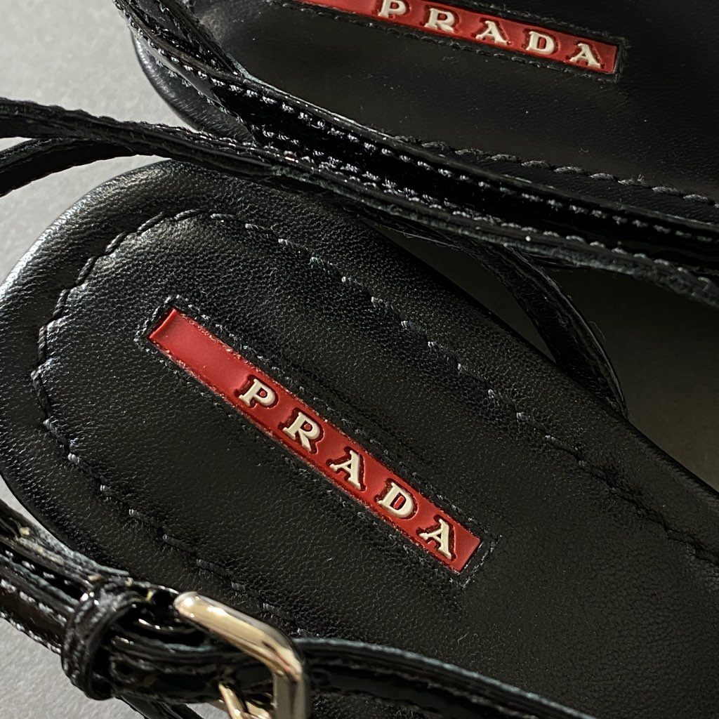 2g17 PRADA SPORTS プラダスポーツ ストラップサンダル ヒールサンダル37 1/2 ブラック エナメル レディース