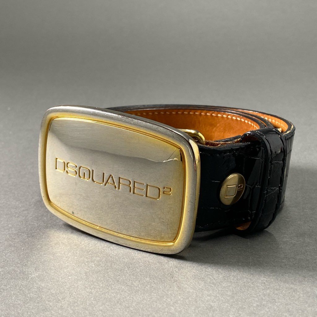 13f23 DSQUARED2 デースクエアード クロコ型押し ゴールドバックル レザーベルト L ブラック Leather Belt イタリア製