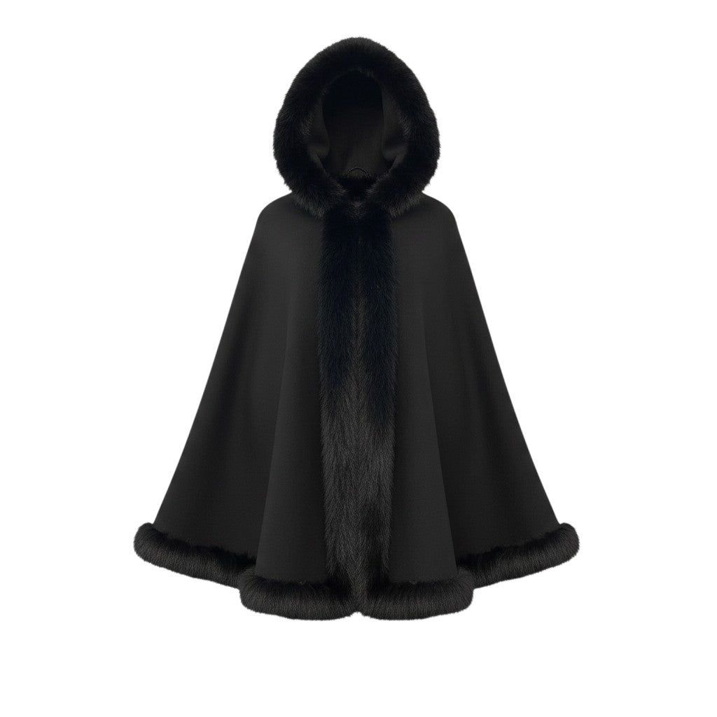 10h28 カシミヤ × フォックスファー フードポンチョ コート サイズF ブラック Cashmere 100％ Fox Fur Poncho Coatt18r
