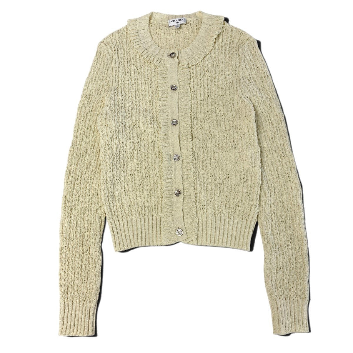 Cj22 CHANEL 2025 クルーズコレクション フリルカーディガン ココマーク P78635 36サイズ アイボリー レディース 女性用k02i