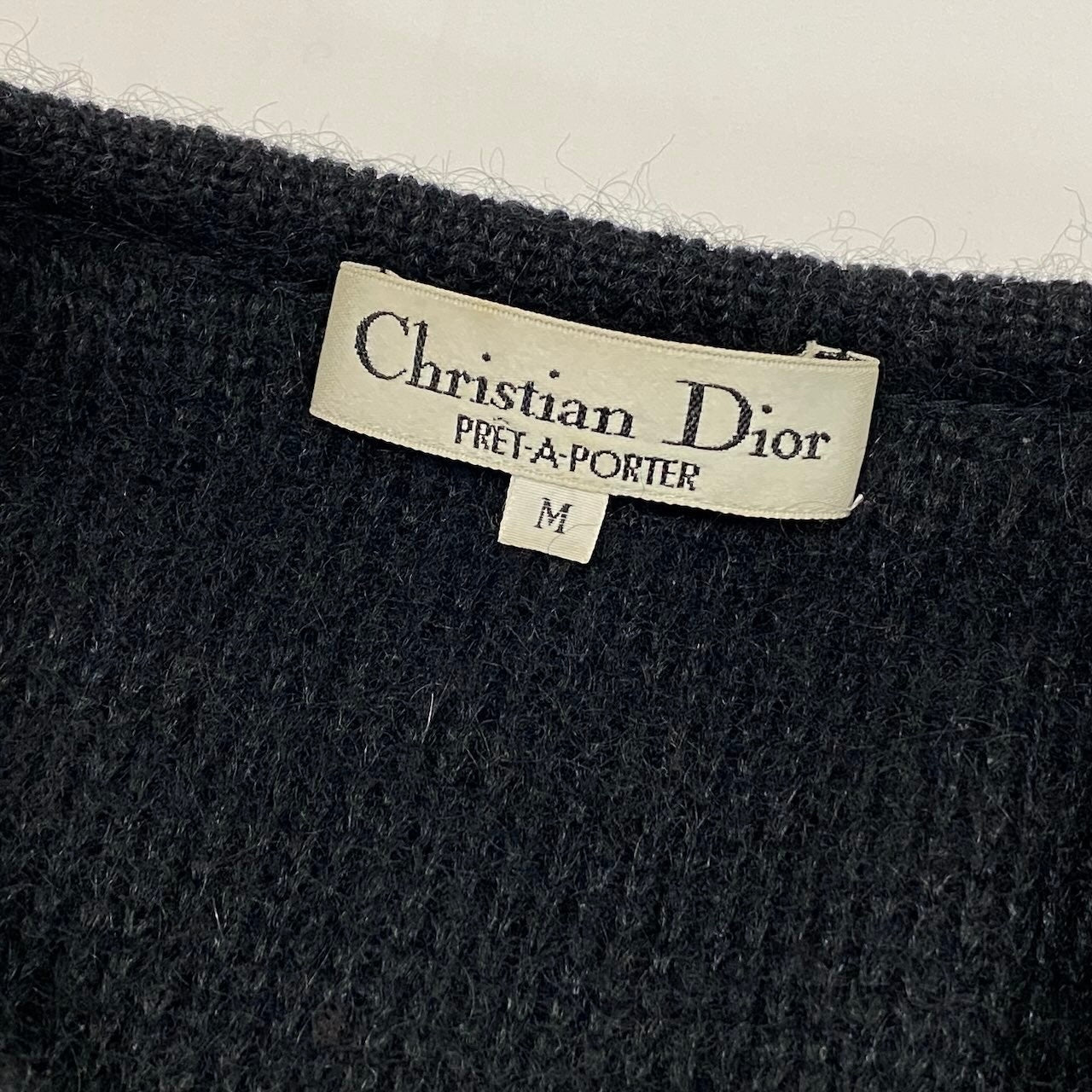 21d18 Christian Dior クリスチャンディオール ロングスリーブ ニットカーディガン ミディアム丈 総柄 Mサイズ グレー系 レディース 女性用u02t