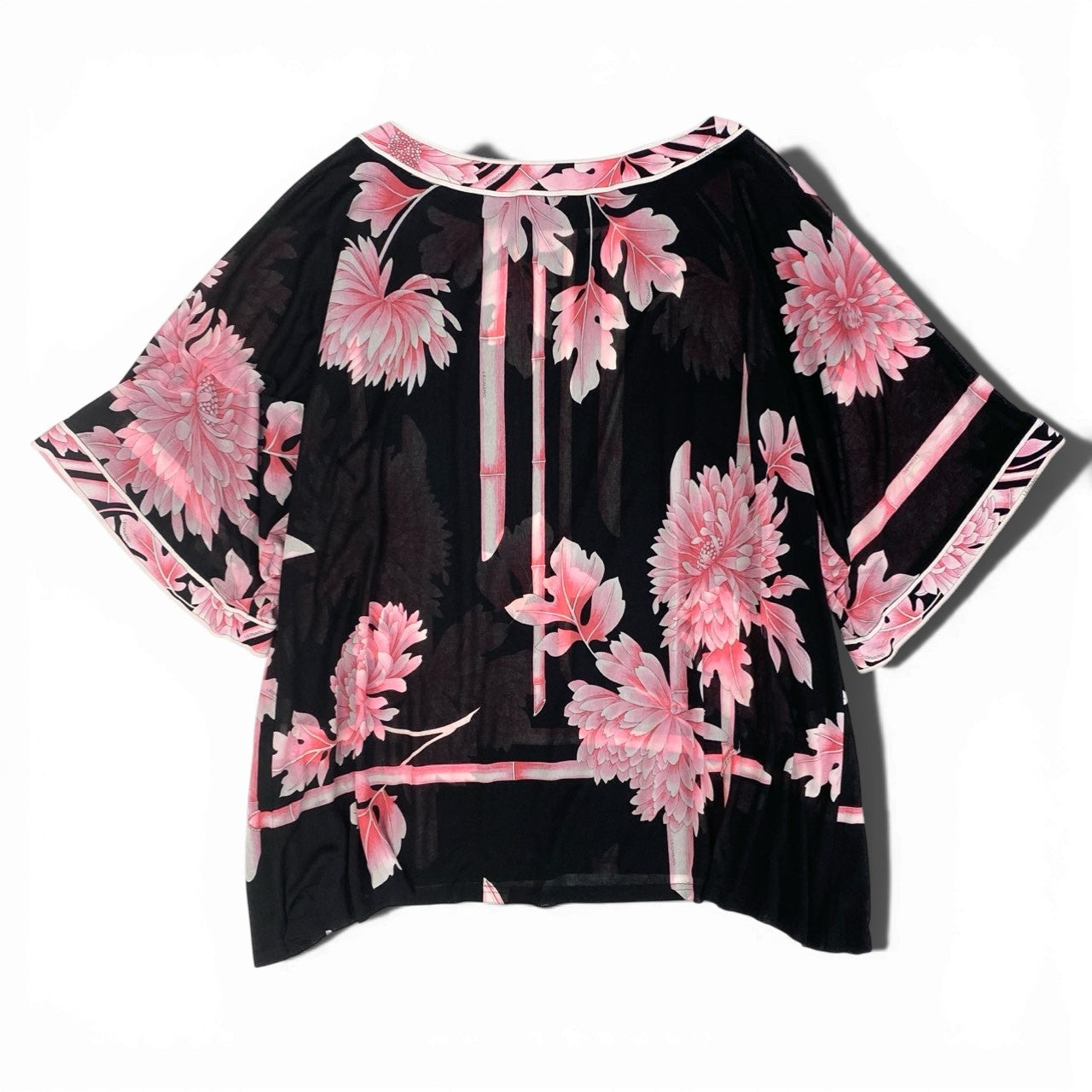 6b12【美品】LEONARD レオナール チュニックカットソー カンカン素材 美しい花柄プリント ストレッチ 0199541 Lサイズ ブラック ピン レディース 女性用u02t