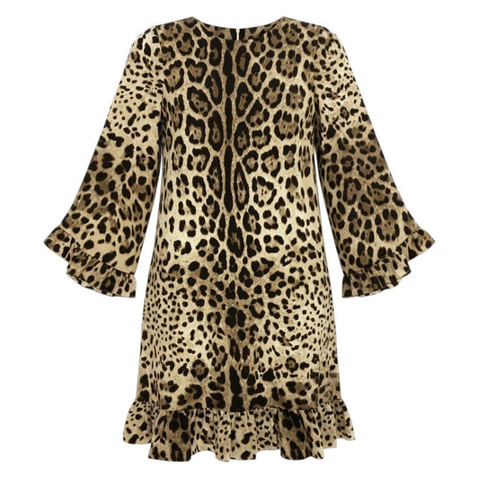 Ee25 DOLCE&GABBANA ドルチェアンドガッパーナ レオパード シルクドレス 袖フリル ロングスリーブワンピース サイズ38 ベージュ ブラウン レディースk02i