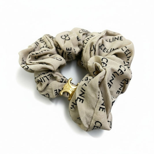 b16 CELINE セリーヌ ロゴ シュシュ ヘアアクセサリー トリオンフ ゴールド金具 グリーン シルク フランス製ta1