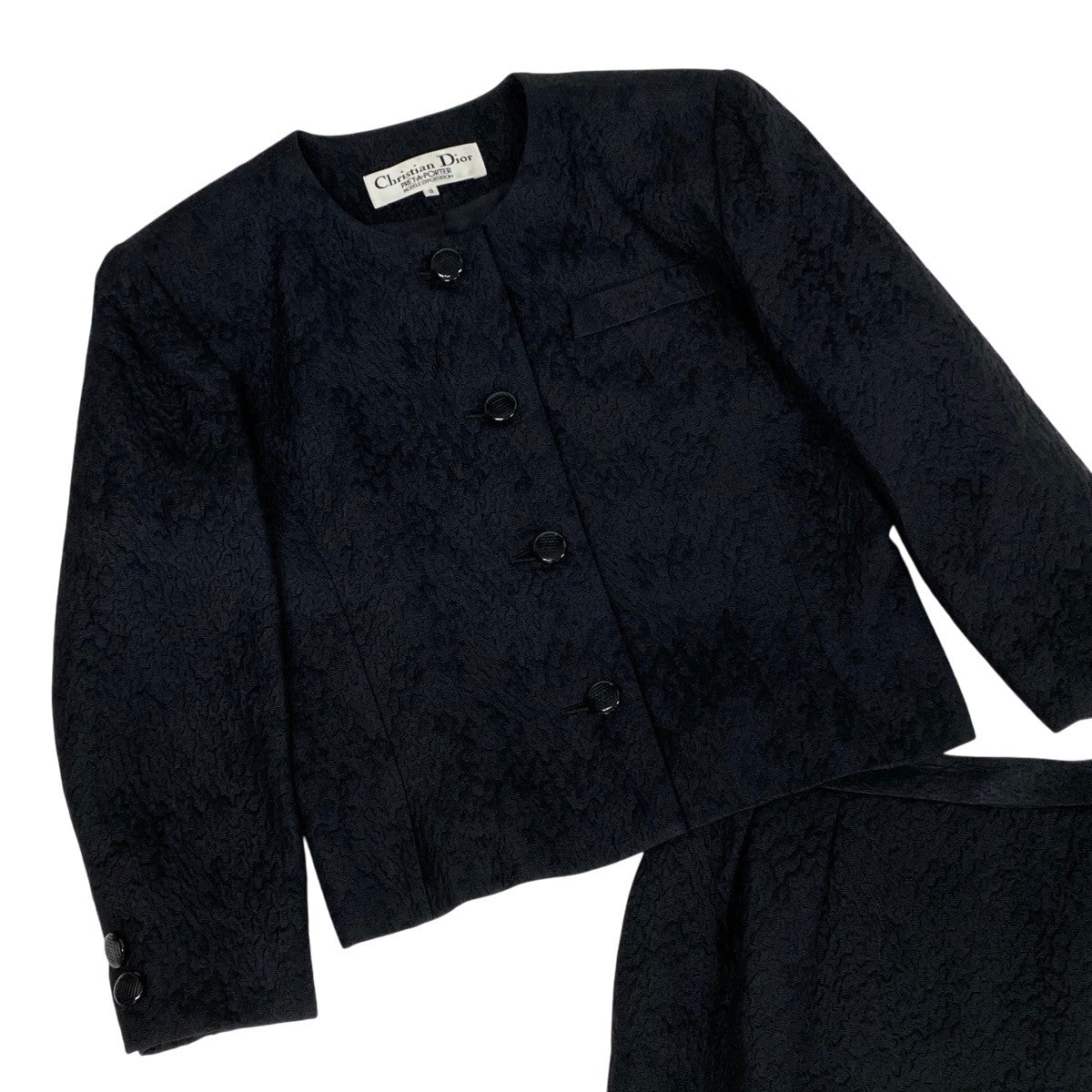 Ee28 Christian Dior クリスチャンディオール ジャガード セットアップスカート ノーカラージャケット フォーマル シルクウール混 サイズ9 ブラック レディースu02t