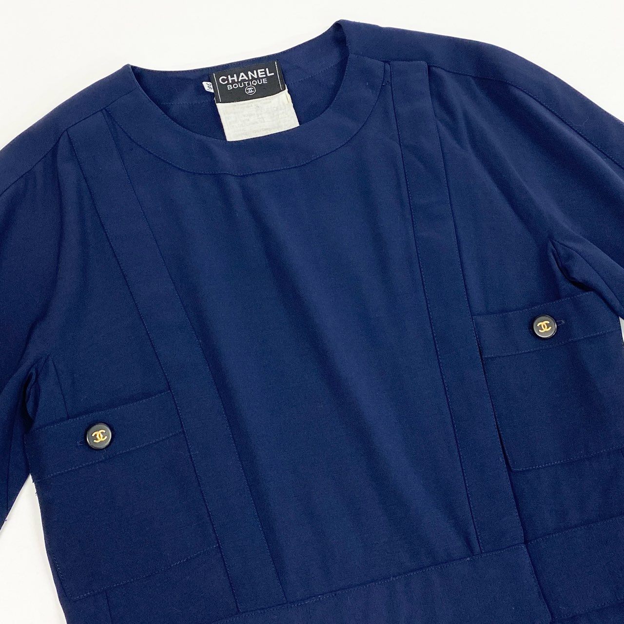 Ca15 【archive】CHANEL ヴィンテージ シャネル 1991年 ランウェイ ココマークボタン ワンピース 長袖ワンピース サイズ38 ネイビー ウール100 レディースta1