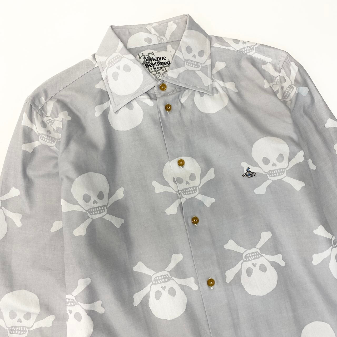 22e7 VivienneWestWood MAN ヴィヴィアンウエストウッドマン ロゴ刺繡 総柄シャツ ドクロ ロングスリーブシャツ サイズ50 ライトグレー コットン100％ メンズ 紳士服u02t