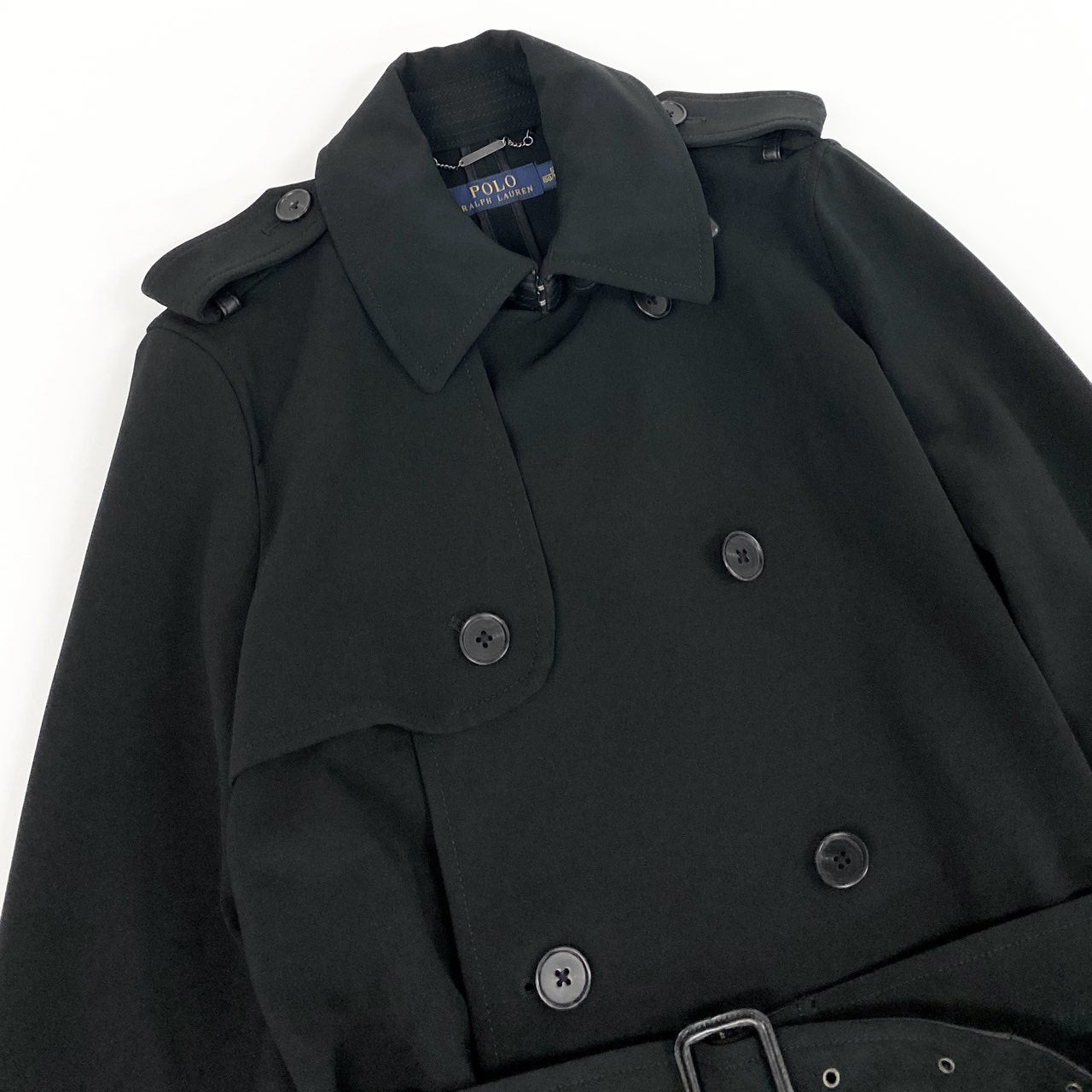 37d14 【美品】 POLO RALPH LAUREN ポロラルフローレン トレンチコート スプリングコート ロング レザーベルト  サイズ12 180/104A ブラック メンズ 紳士服u02t