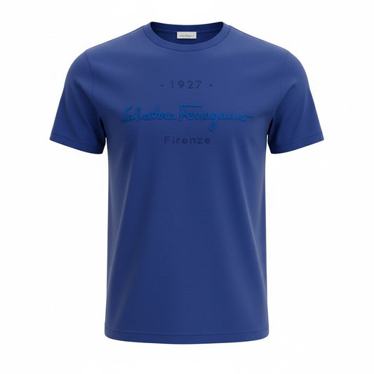 Ic27 Salvatore Ferragamo サルヴァトーレフェラガモ ブランドロゴTシャツ 半袖Tシャツ  コットンシャツ トップス イタリア製 Sサイズ ブルー コットン100％ レディース 女性用u02t