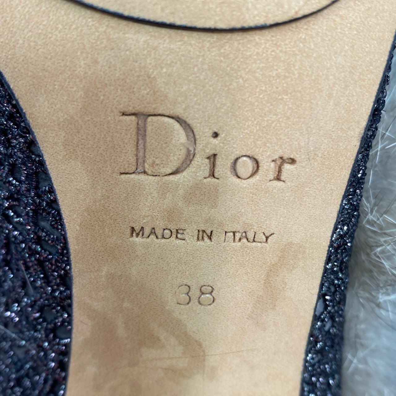 4b7 Christian Dior クリスチャンディオール ファーリボンパンプス 38 グレー ラメ グリッター イタリア製 シューズ