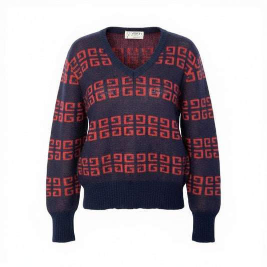 17c16 GIVENCHY ジバンシー Vintage ロングスリーブVネックニット ニットセーター ブランドロゴ トップス 48サイズ ネイビー レッド メンズ 男性用o07t