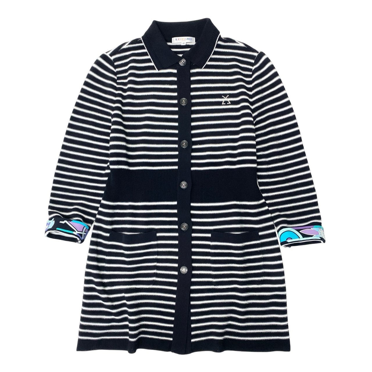 42b7 LEONARD レオナール ニットポロ ペプラム ボーダー ビジュー 40 ネイビー レディース 女性用u02t