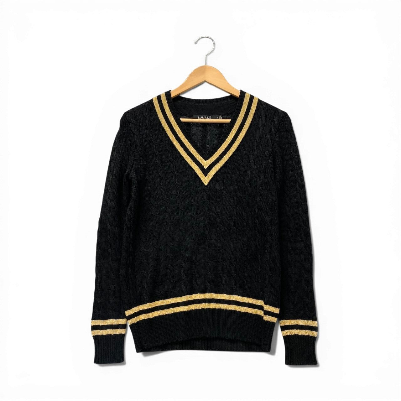67c31 【美品】LAUREN RALPH LAUREN ローレンラルフローレン ケーブルニットセーター チルデンセーター トップス Mサイズ ブラック ゴールド レディース 女性用u02t