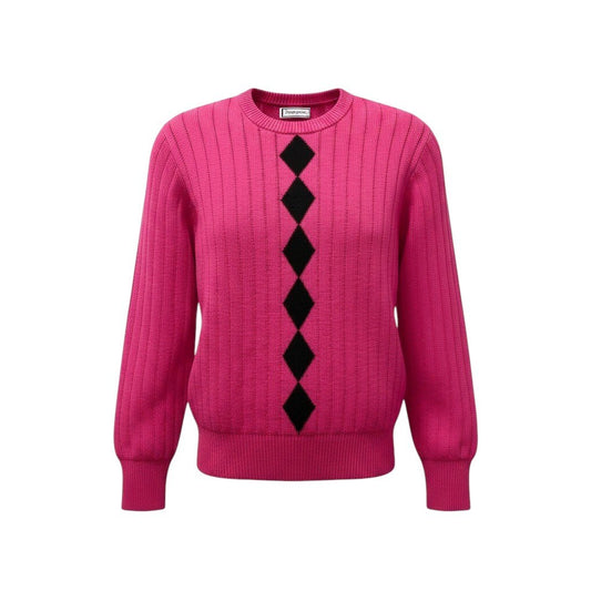 40f15 YVES SAINT LAURENT イヴサンローラン クルーネック ニットセーター アーガイル柄 ロングスリーブニット サイズM ピンク ウール100％ レディース 女性服o07t