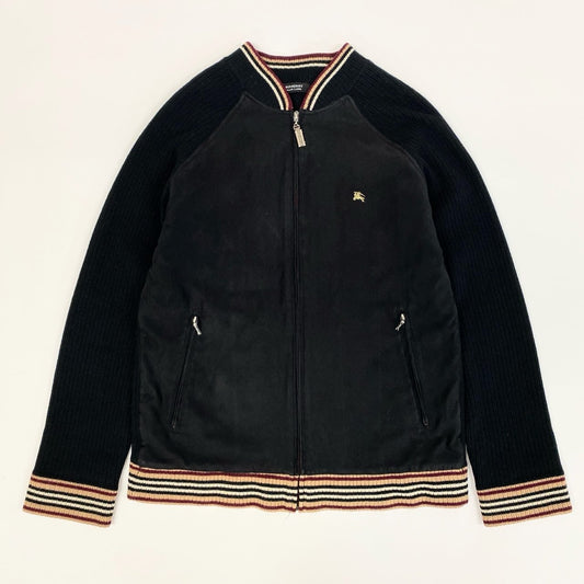 85k4 BURBERRY BLACK LABEL バーバリー ブラックレーベル ニット切替 ロゴ刺繍 ジップアップ ブルゾン ジャケット BMT66-516-09 3 Lサイズ相当 ブラック メンズo07t