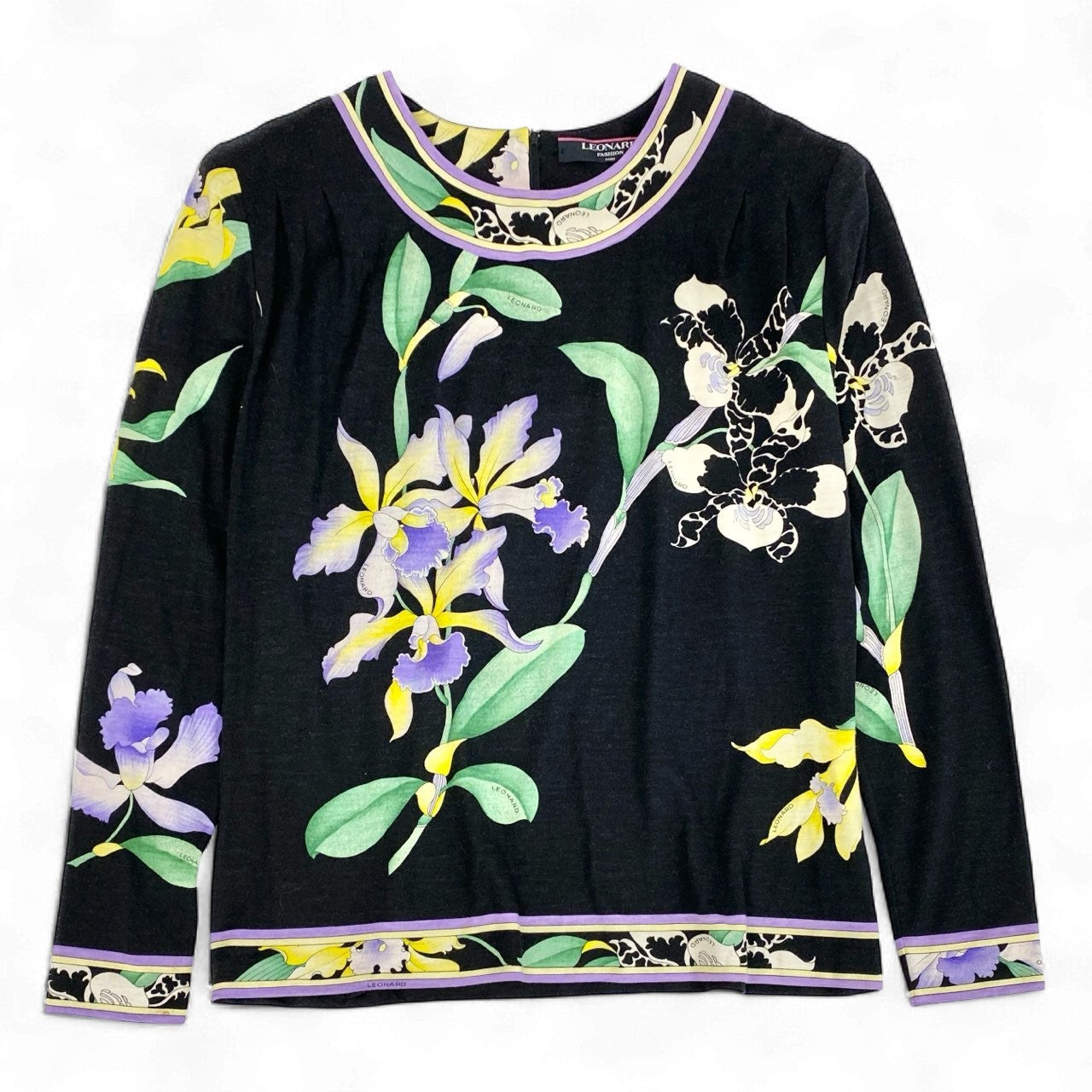 76k21 LEONARD FASHION レオナール ロングスリーブ カットソー クルーネックTシャツ 美しい花柄プリント レディース 女性用 M ブラック ウールシルクu02t