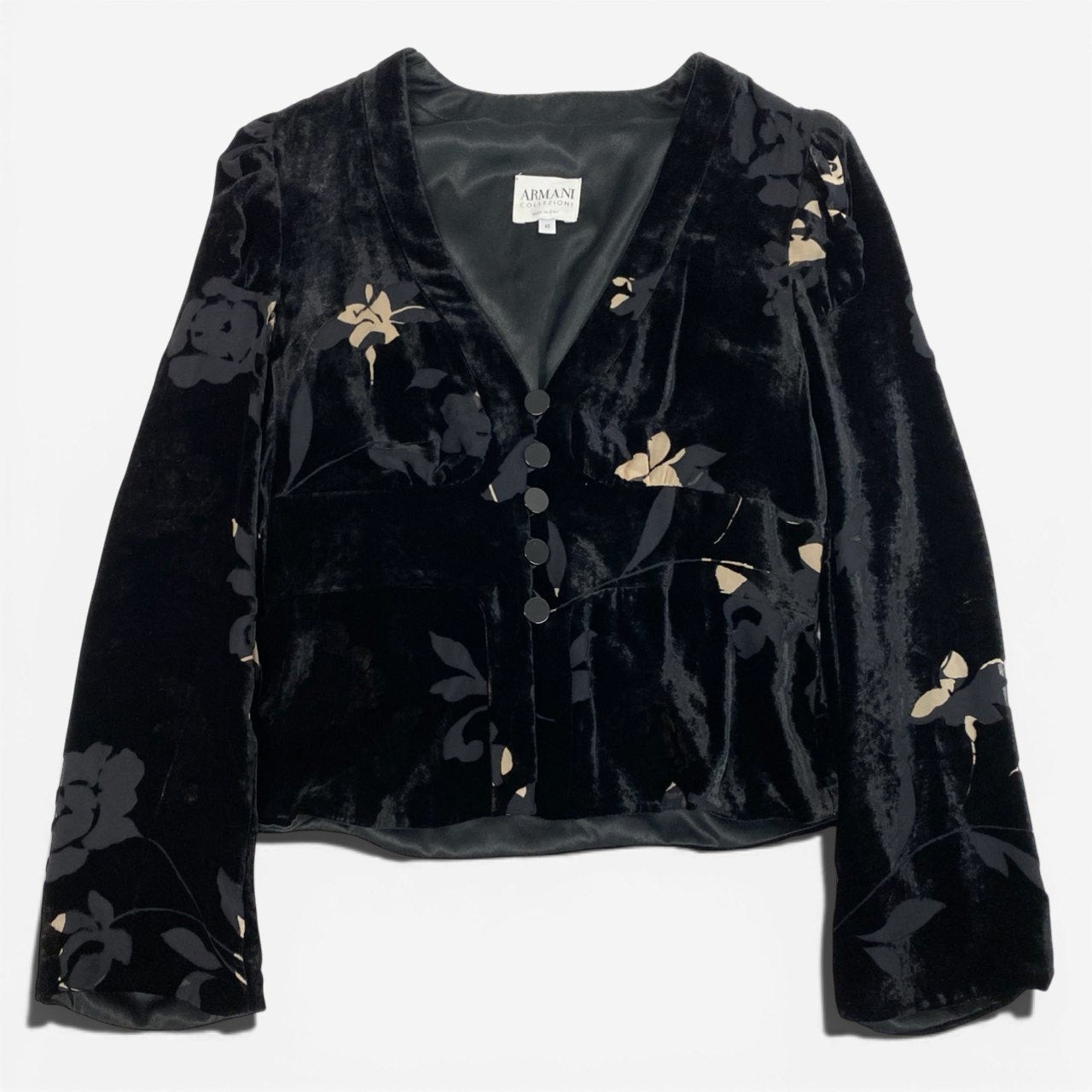 Eb10 【美品】ARMANI COLLEZIONI アルマーニコレッツォーニ 花柄ベロアジャケットブラウス Vネックパフスリーブブラウス  40サイズ ブラック レディース 女性用k02i