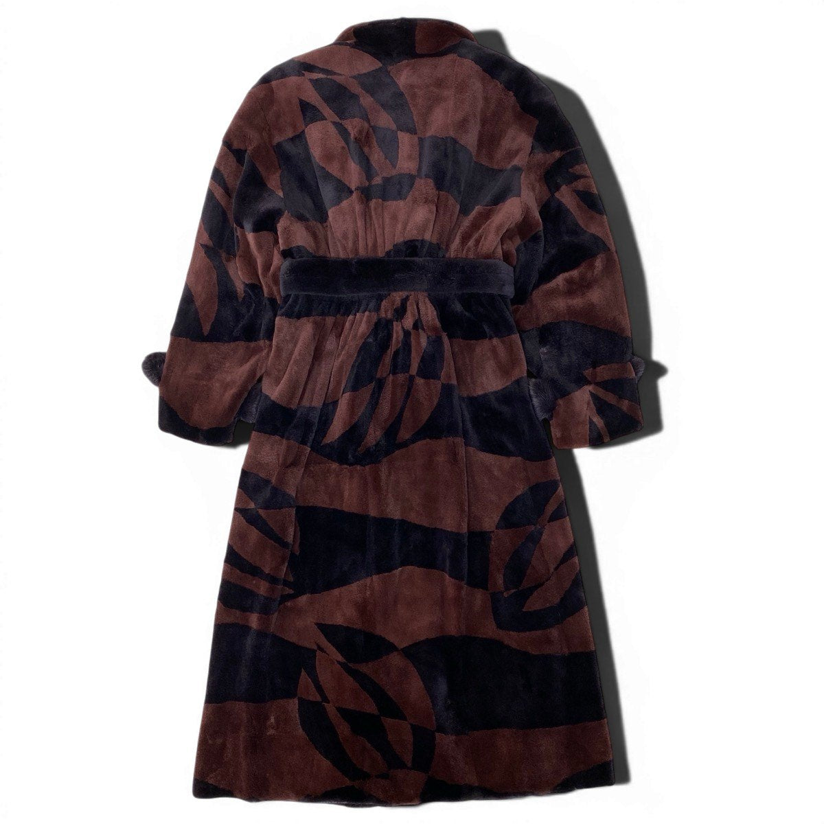 93h8 シェアードミンク 幾何学模様 ロングコート サイズF ブラウン ブラック 本毛皮 Mink Fur Coat ベルト付t18r