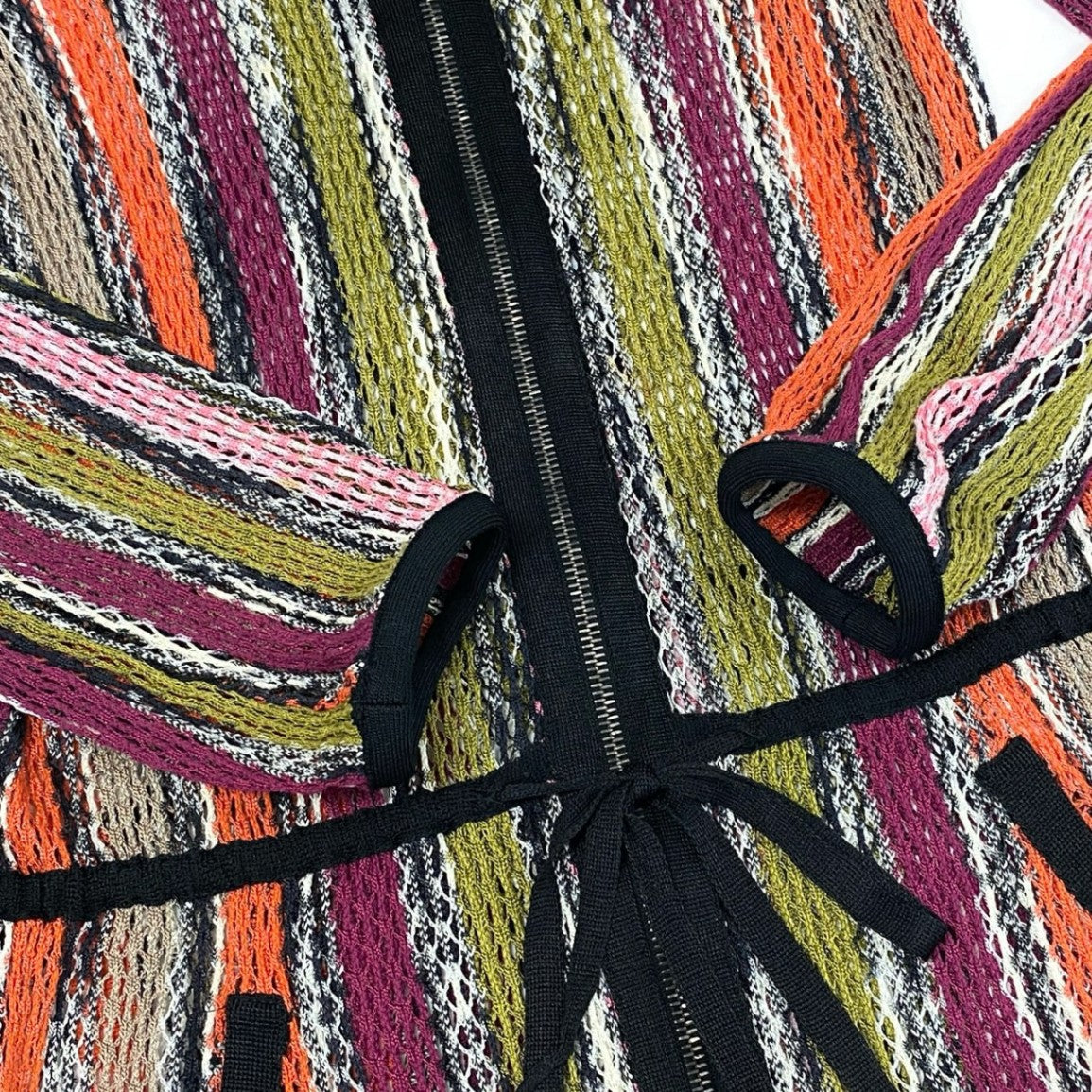 12f11 MISSONI ミッソーニ カギ編み ニットワンピース ジップアップ ロングカーディガン コート サイズ46 マルチカラー レディースk02i