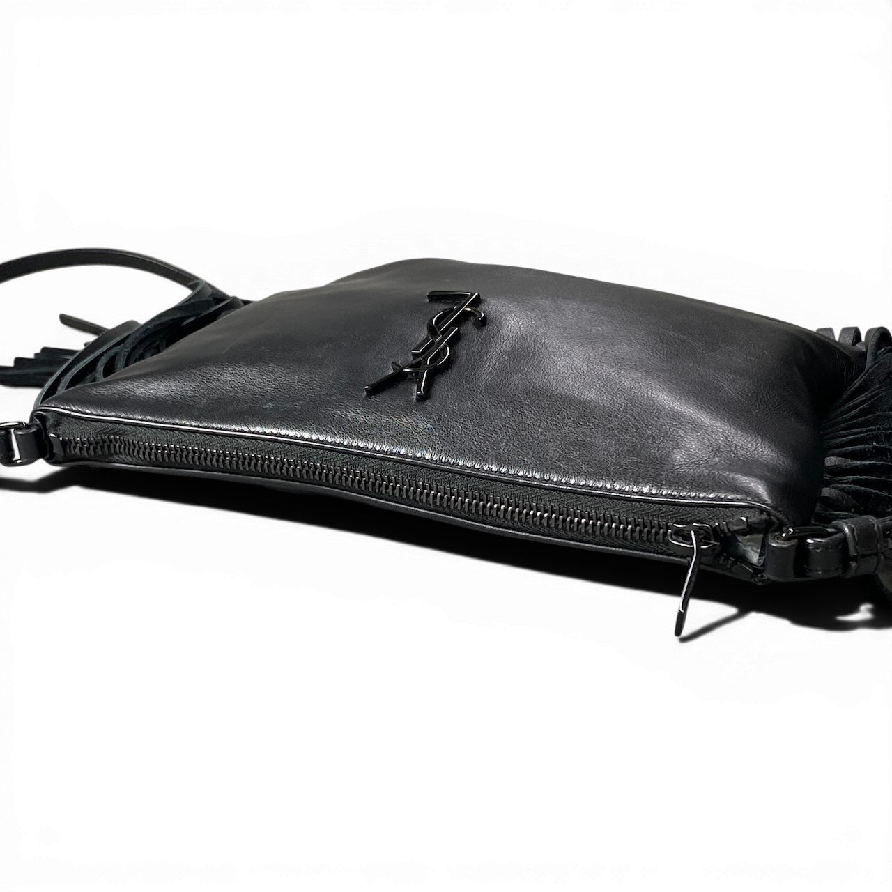 g9 SAINT LAURENT PRIS サンローランパリ カサンドラ オールブラック フリンジ ショルダーバッグ レザー レディースta1