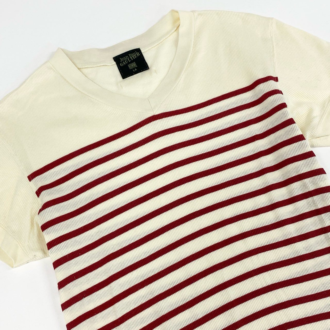 7f11 Jean Paul GAULTIER HOMME ジャンポールゴルチエオム 00s チビT Vネック ボーダーカットソー LA ホワイト レッド MINI Tシャツ