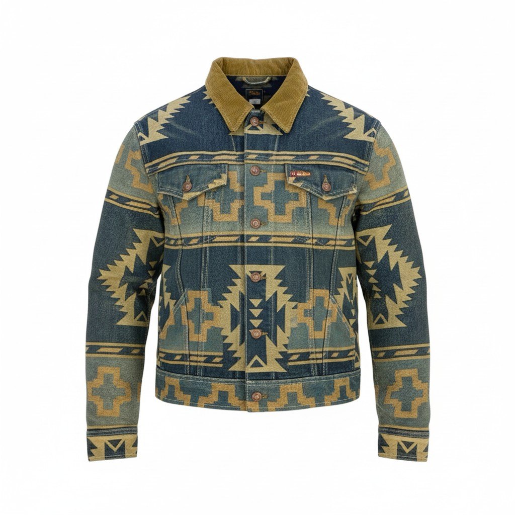 54L5 RRL ダブルアールエル ラルフローレン Valero Jacquard Trucker ネイティブ ジャガード ジャケット サイズL インディゴ メンズ 男性用 アウターk02i