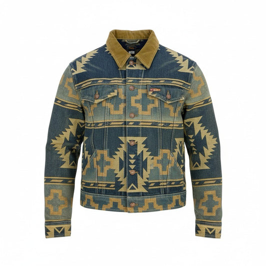 54L5 RRL ダブルアールエル ラルフローレン Valero Jacquard Trucker ネイティブ ジャガード ジャケット サイズL インディゴ メンズ 男性用 アウターk02i