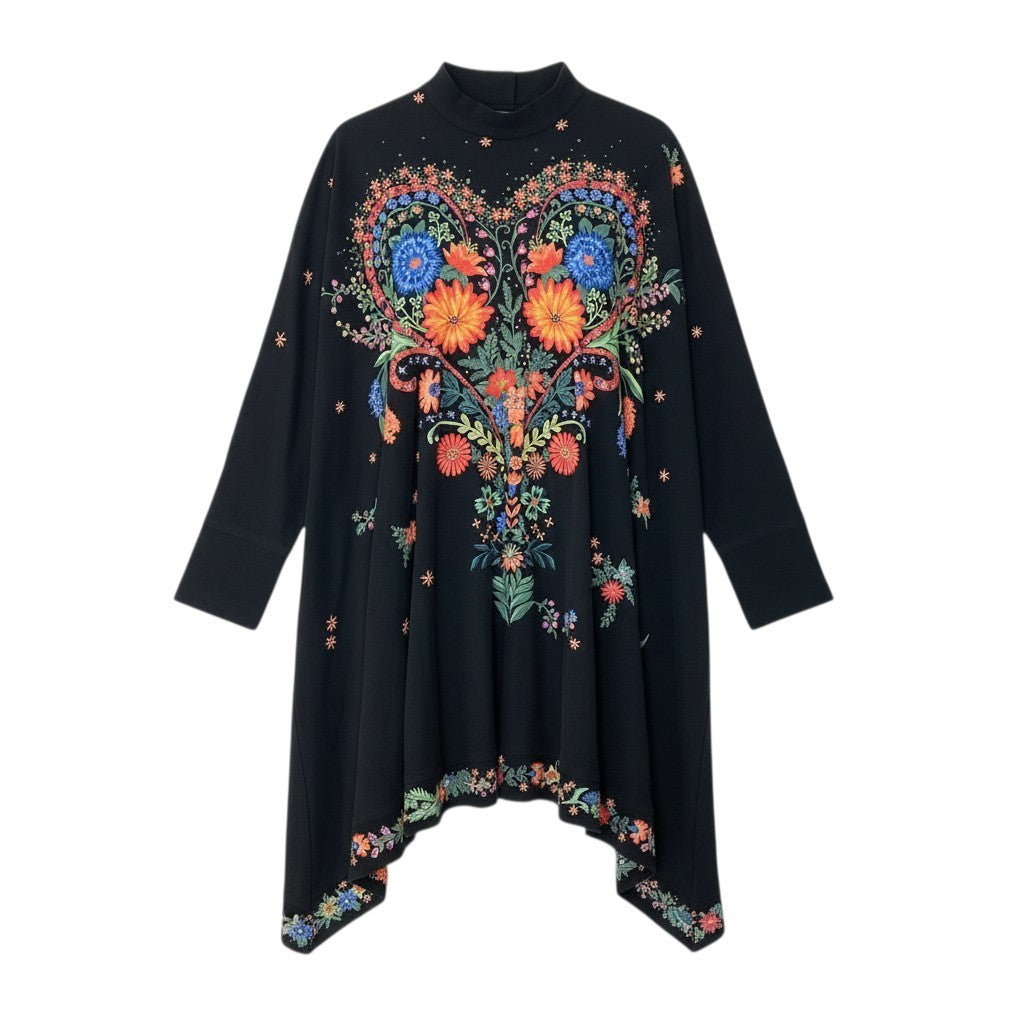 80c10 TOKUKO 1er VOL トクコプルミエヴォル チュニックワンピース ハイネック 花柄プリント ハート ストレッチ ロングスリーブ レディース 女性服 サイズ9 ブラックu02t