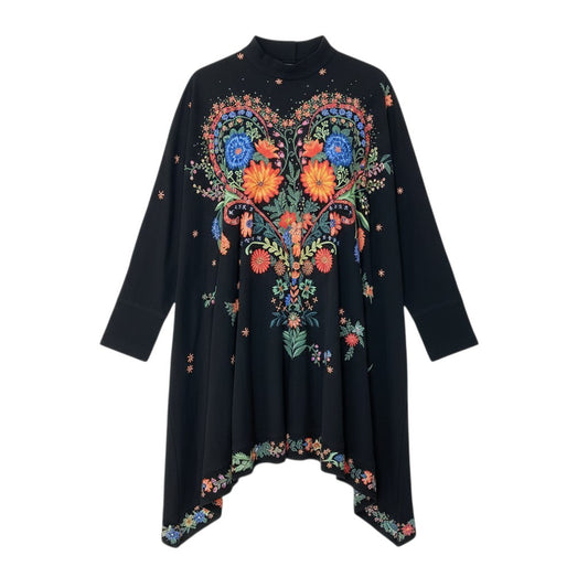 80c10 TOKUKO 1er VOL トクコプルミエヴォル チュニックワンピース ハイネック 花柄プリント ハート ストレッチ ロングスリーブ レディース 女性服 サイズ9 ブラックu02t