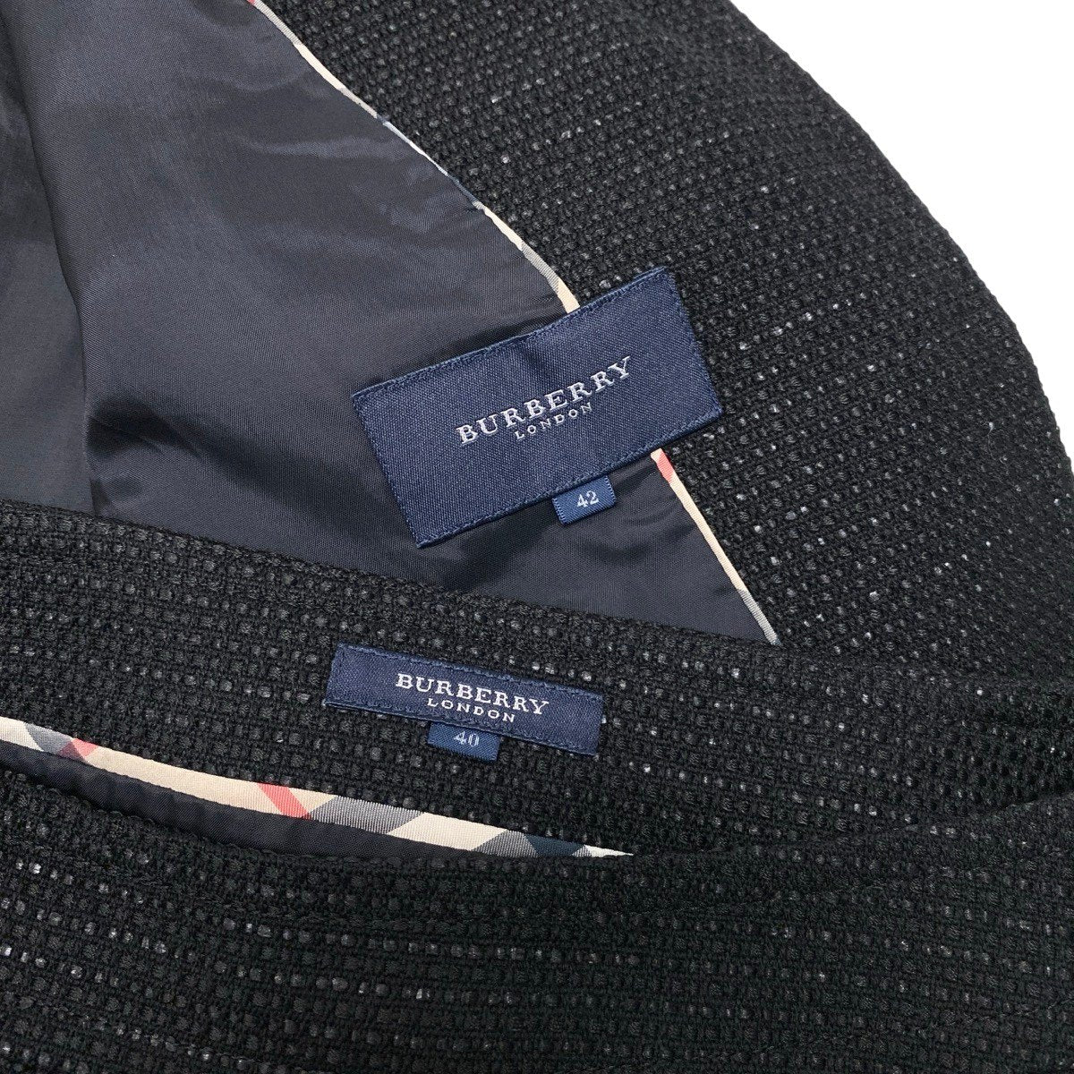 32g29 BURBERRY LONDON バーバリーロンドン セットアップスカート スーツ ツイード生地 フォーマル ノーカラージャケット FC363-805-10 40/42 ブラック レディース 女性用u02t