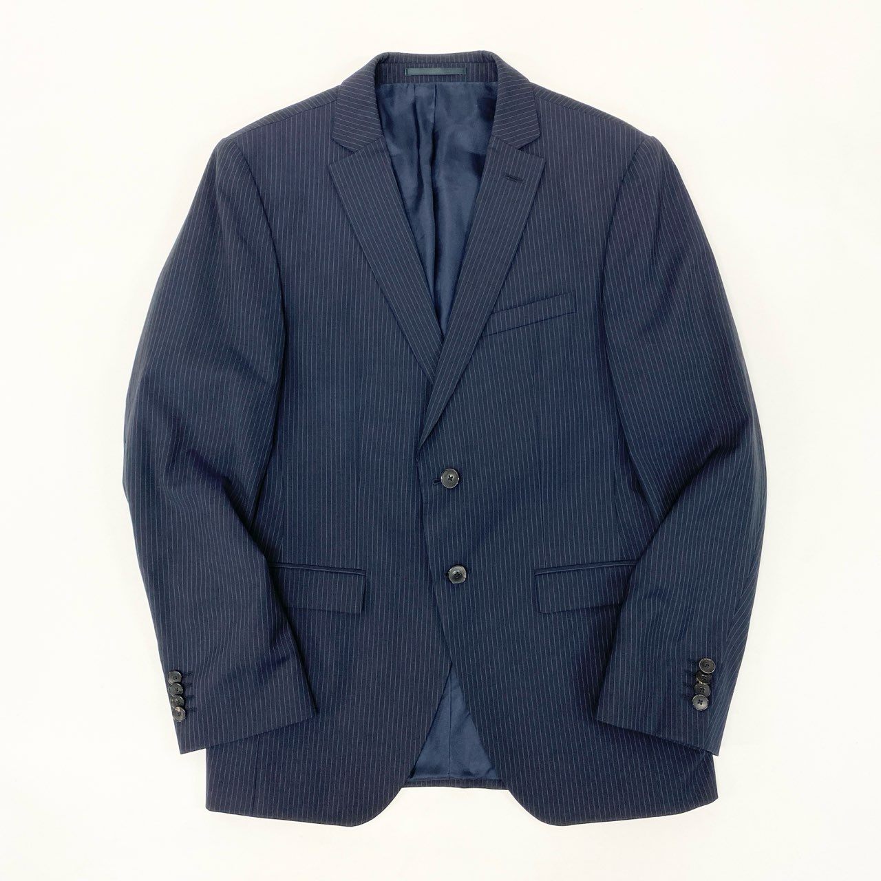 50h25 HUGO BOSS ヒューゴボス REDA SUPER110 セットアップ スーツ ストライプ ビジネス フォーマル 48 ネイビー ウール メンズo07t