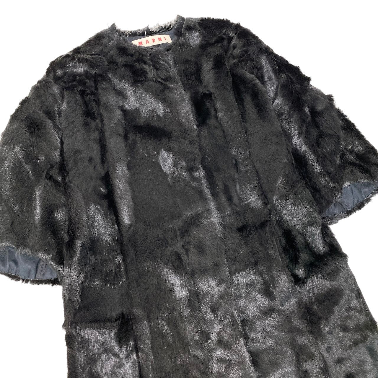 Ef8 MARNI マルニ ノーカラー ファーコート 七分袖 ロング丈 キッドファー サイズ38 イタリア製 ブラック レディース 女性用u02t
