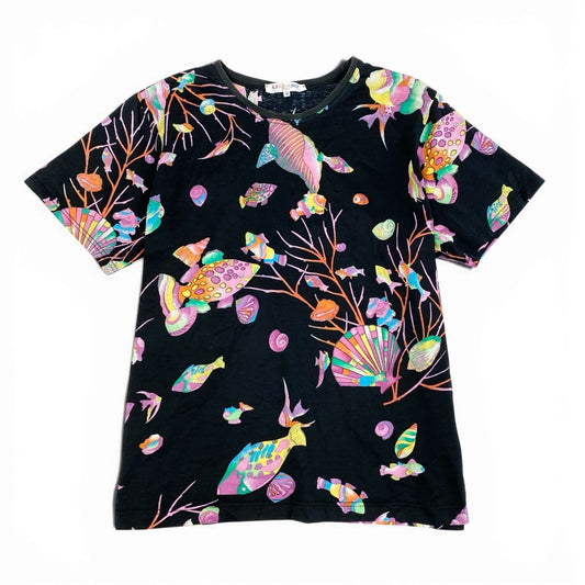 36a7 LEONARD レオナール 半袖カットソー クルーネック 海 魚柄 M ブラック レディース 女性用o07t