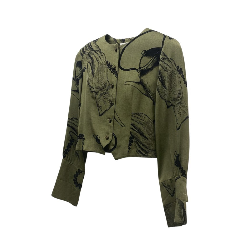 24b16 【美品】MOSCHINO モスキーノ ヴィンテージ ノーカラーシャツジャケット グラフィックプリント ショート丈 バルーン袖 カーキ レディース 女性用u02t