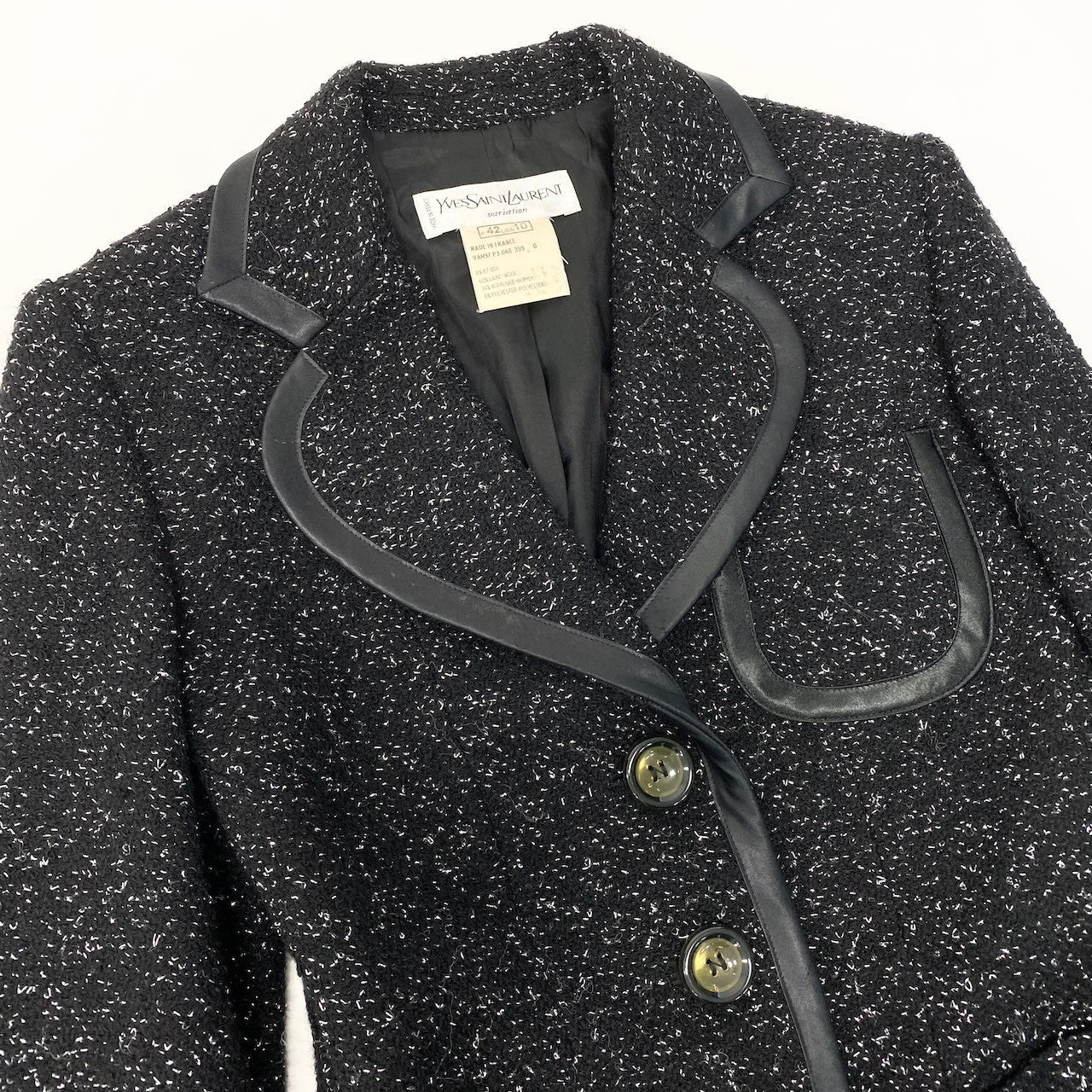 76d9 Yves Saint Laurent イヴサンローラン ツイードジャケット テーラードジャケット ラメニット レザーパイピング ウール混 フランス42 ブラック レディース 女性用o07t