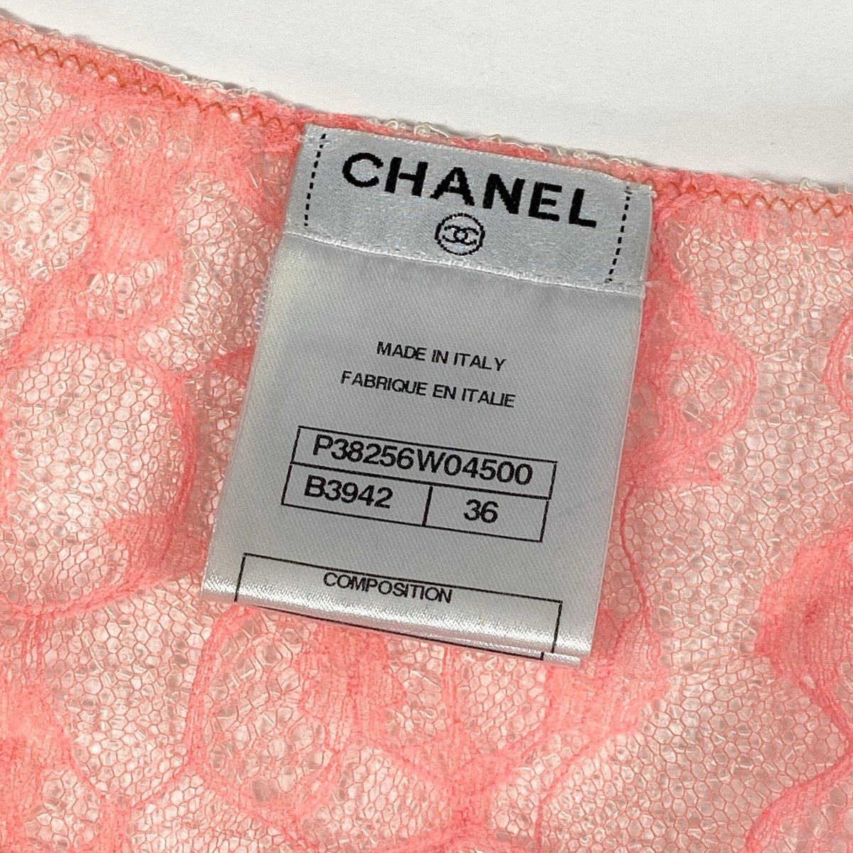 Ce19  CHANEL シャネル ココマークボタン 総レース カーディガン リボン P38256 サイズ36 サーモンピンク ホワイト レディース 女性服ta1