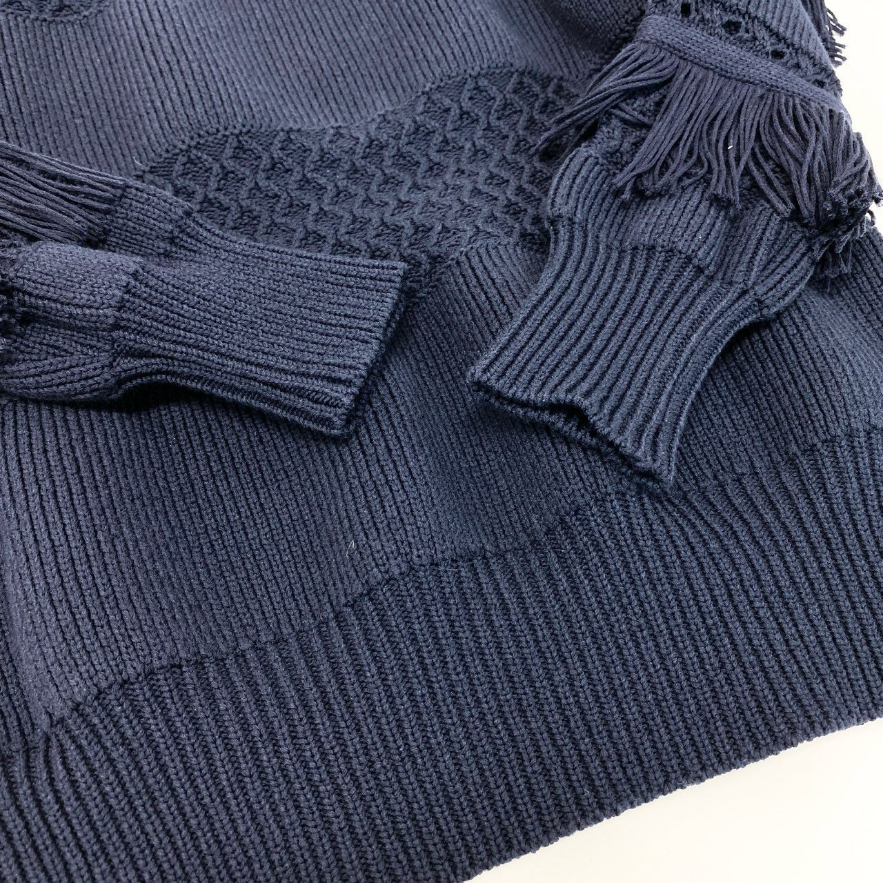 54h27 《美品》 BORDERS at BALCONY ボーダーズアットバルコニー フリンジ ニット セーター 洗える サイズ36 ネイビー ホワイト ボーダー コットン レディースu02t
