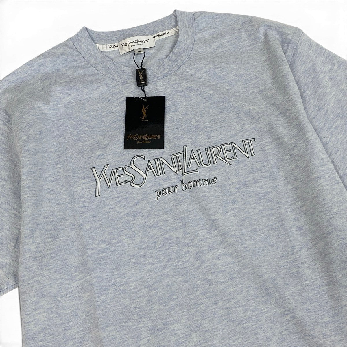 Mg10 【未使用タグ付】 YVES SAINT LAURENT イヴサンローラン ロゴプリント 半袖Tシャツ カットソー サイズM ブルー コットン100％ メンズ 紳士服o07t