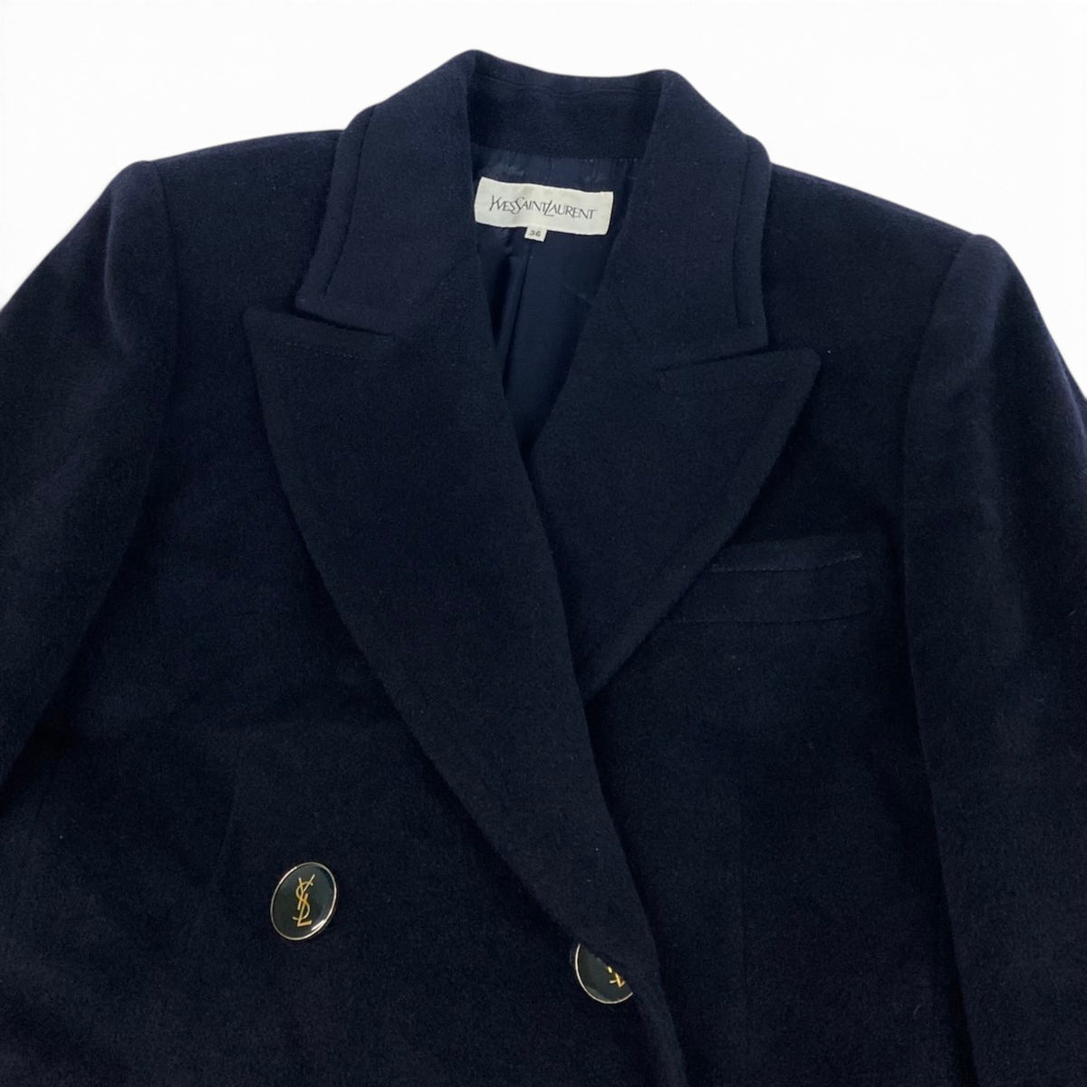 i19 YVES SAINT LAURENT ダブルブレストチェスターコート YSLロゴボタン ロングコート 36サイズ ダークネイビー ウール100％ レディース 女性用u02t