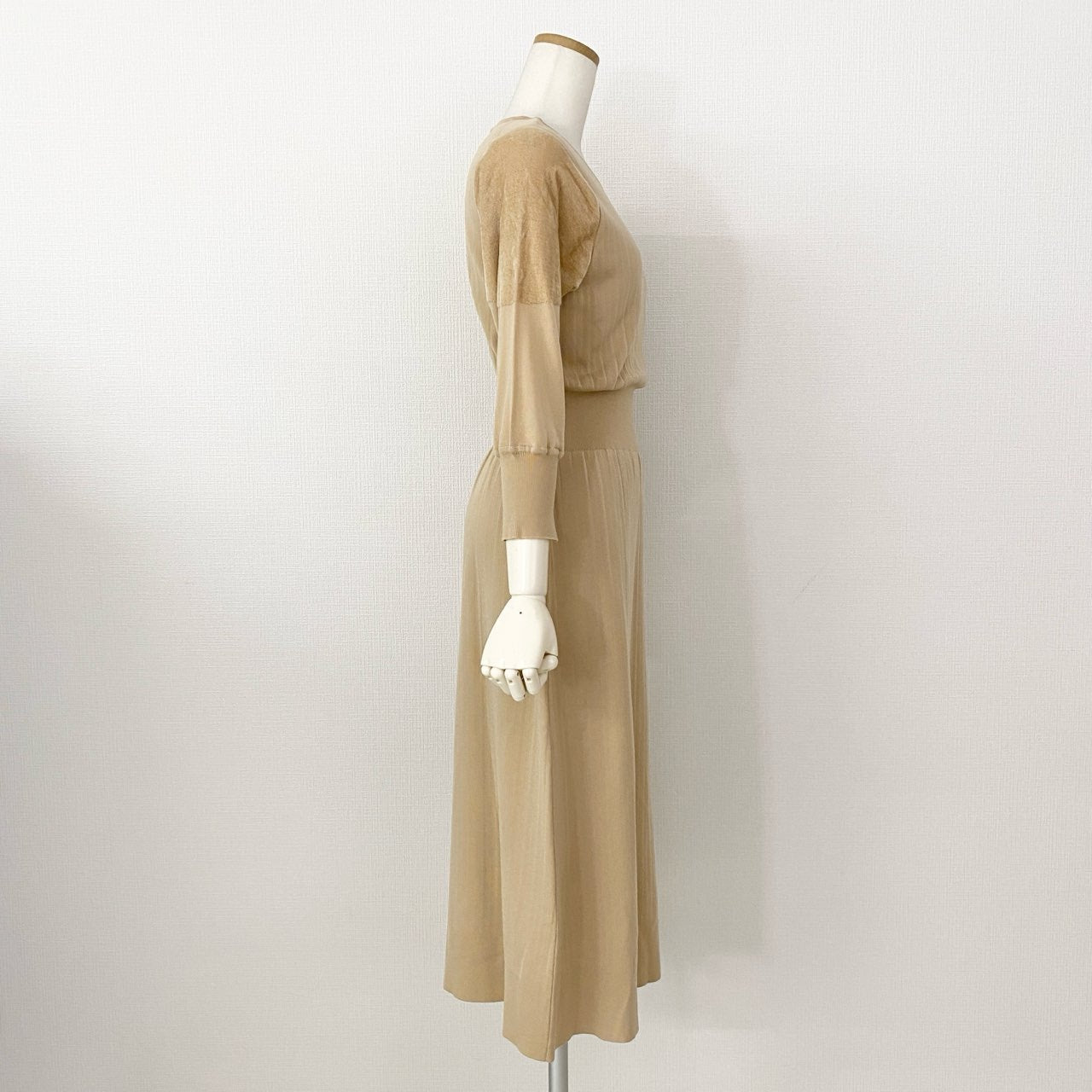 60i11 CYCLAS シクラス RIB KNIT DRESS リブニットドレス ワンピース XS ベージュ 日本製 ギャザー 伸縮性○