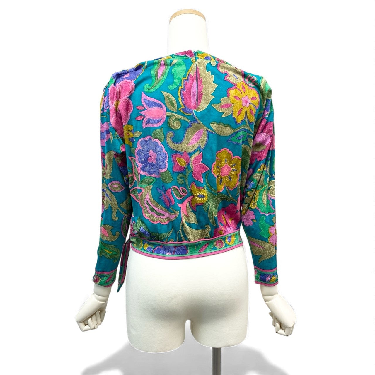 21k11 LEONARD レオナール ロングスリーブ カットソー 美しい花柄プリント ドルマンスリーブ 裾リボン レディース S グリーン系 ウールシルクu02t