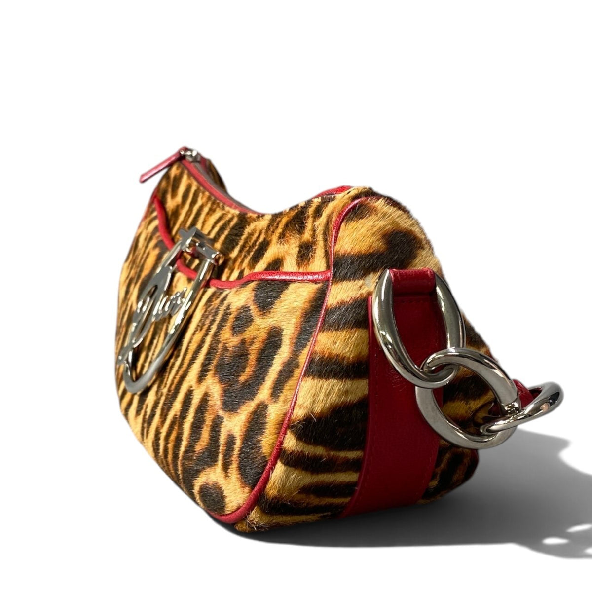 h20【美品】Christian Dior Diva Leopard Pony Hair Bag ブラウン レッド ハラコ レザー レディース 女性用ta1